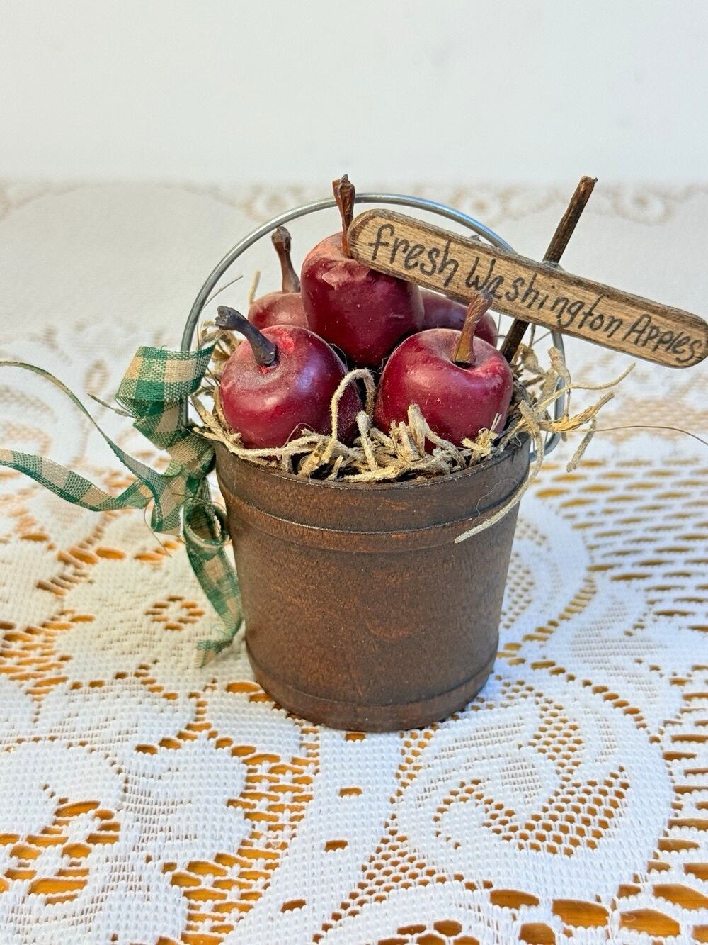 Decorative Apple Basket Wood Bucket w/ Metal Handle Ribbon 4” - read